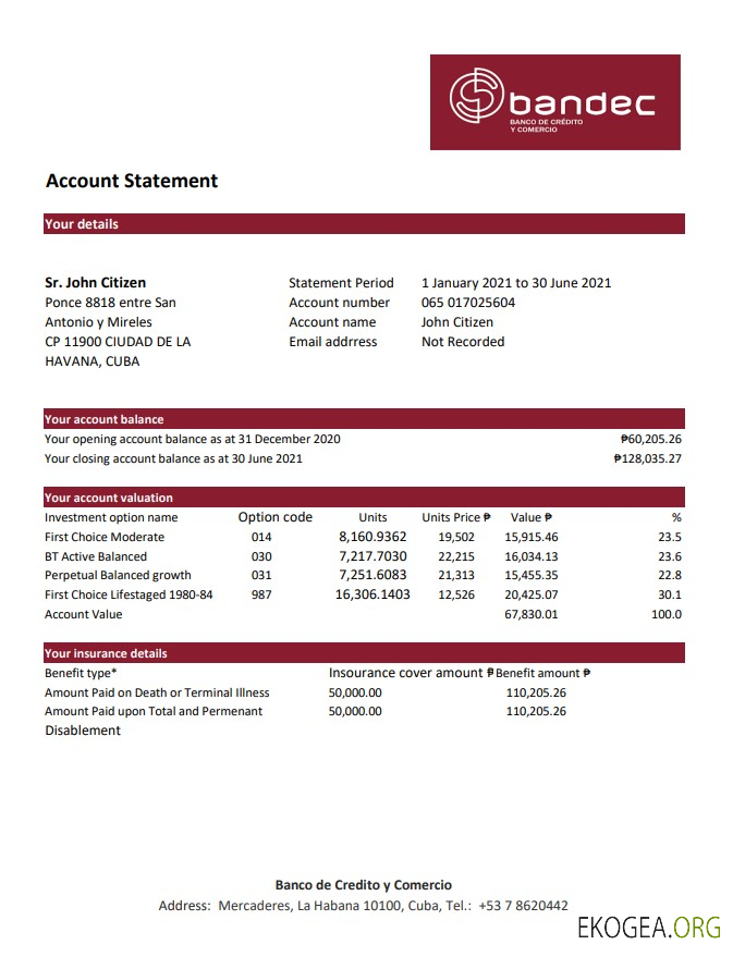 Relevé bancaire Cuba Bandec Banco de Credito y Comercio modèle facile à remplir au format de fichier .xls et .pdf